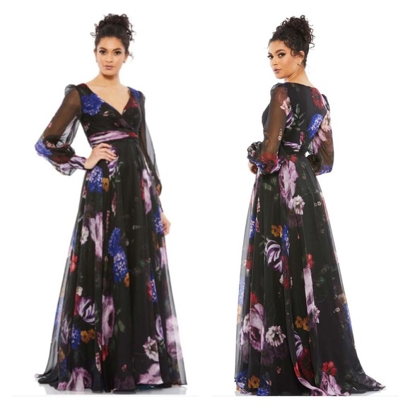 Mac Duggal Dresses & Skirts - Mac Duggal 67872 NWT FLORAL PRINT CHIFFON LONG SLEEVE MAXI DRESS